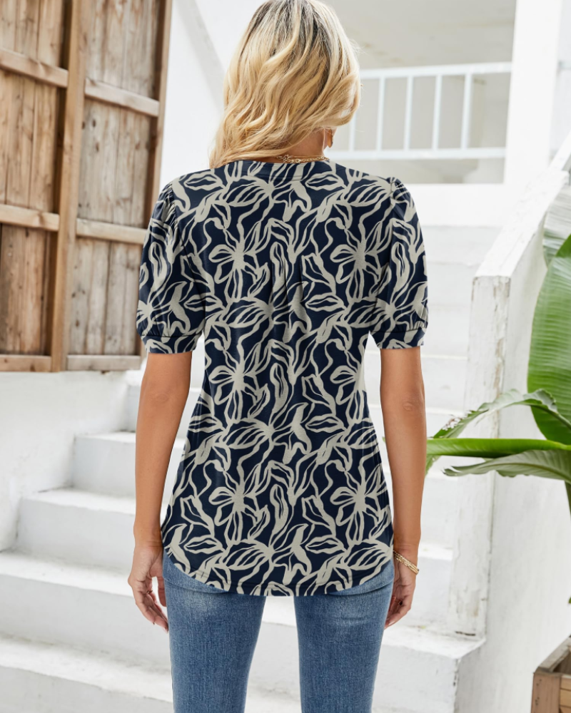 Hazel Top Donna – Bluse-tunika med blomsterprint, V-hals, puffermet ermer og folder