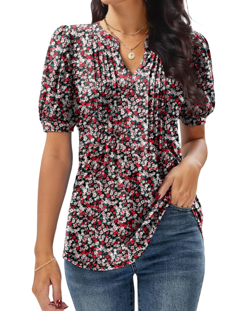 T-shirt Anna pour femme – Top d'été avec col en V, manches bouffantes et plis décoratifs