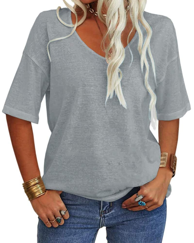 T-shirt Amelia pour femme – Haut avec col en V, manches mi-longues et coupe décontractée