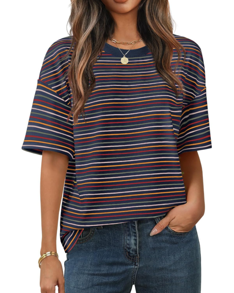Clara Camiseta de Mujer a Rayas – Camiseta Casual de Cuello Redondo con Mangas Cortas y Ajuste Suelto