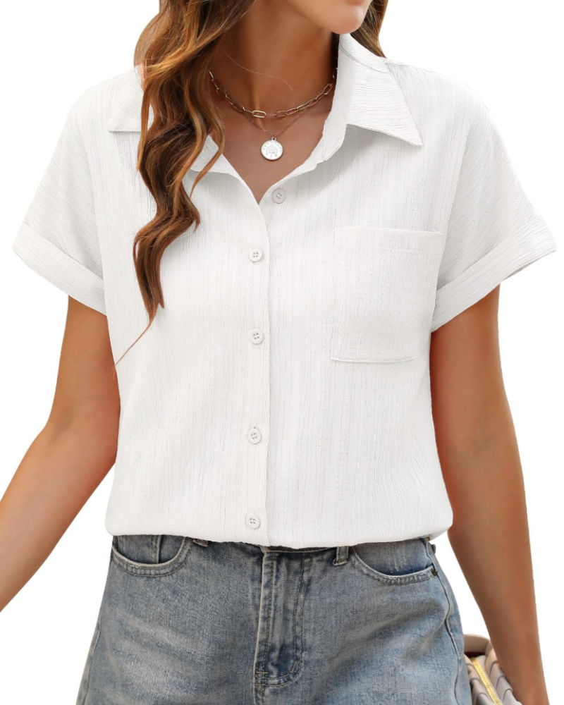 Freya Blusa Donna – Camisa de verano con botones, cuello en V, mangas remangadas y bolsillo