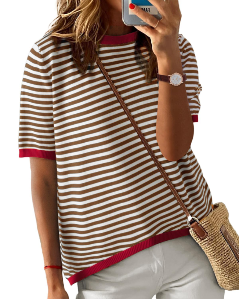 T-shirt Natalie pour femme – haut d'été à rayures avec col rond, manches courtes et coupe décontractée