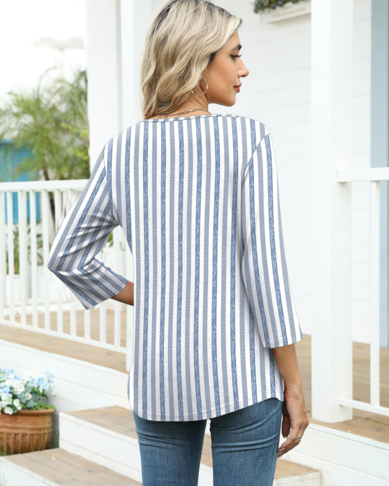 Elisa Women's Blouse – Asymmetric Top with 3/4 Sleeves, Buttons & Stretch Fabric