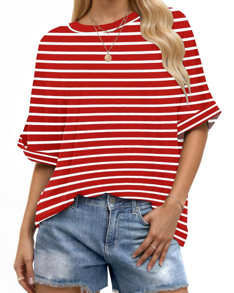 T-shirt Aubrey pour femme – Top oversize avec col rond, manches retroussées et coupe ample