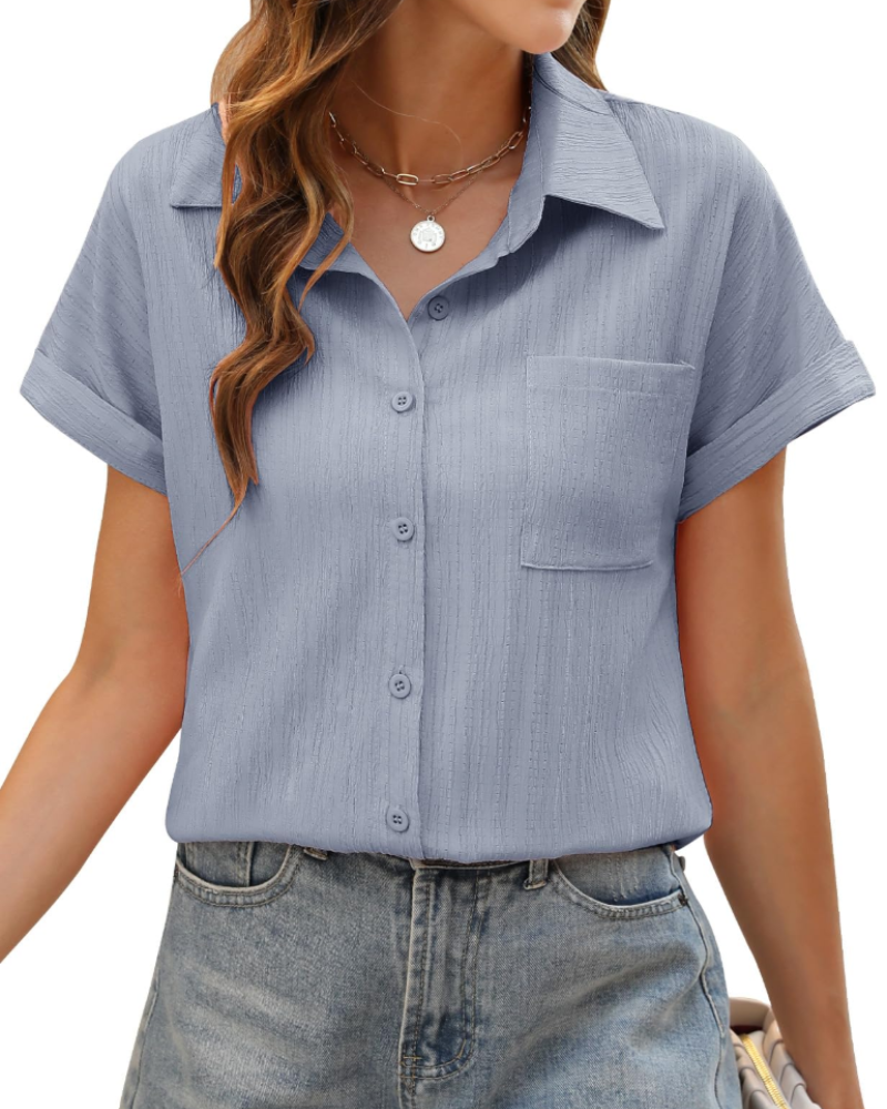 Freya Blusa Donna – Camisa de verano con botones, cuello en V, mangas remangadas y bolsillo