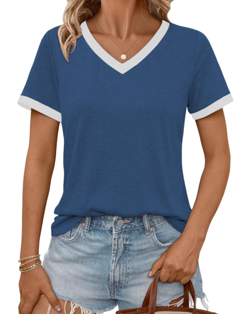 Camiseta de mujer Avery con escote en V – camiseta casual suave de manga corta con costuras en contraste