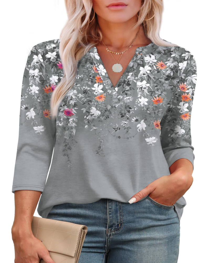 Blusa Lily para mujer – Túnica elegante con escote en V, mangas 3/4 y dobladillo curvo