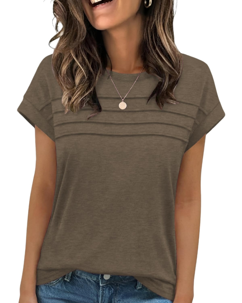 Nora T-Shirt Donna – Top con Girocollo, Pieghe Decorative & Maniche Corte