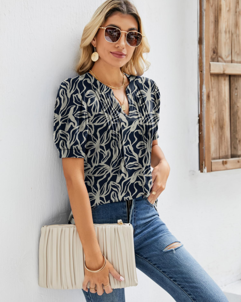 Hazel Top Donna – Bluse-tunika med blomsterprint, V-hals, puffermet ermer og folder