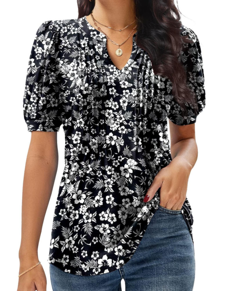 T-shirt Anna pour femme – Top d'été avec col en V, manches bouffantes et plis décoratifs