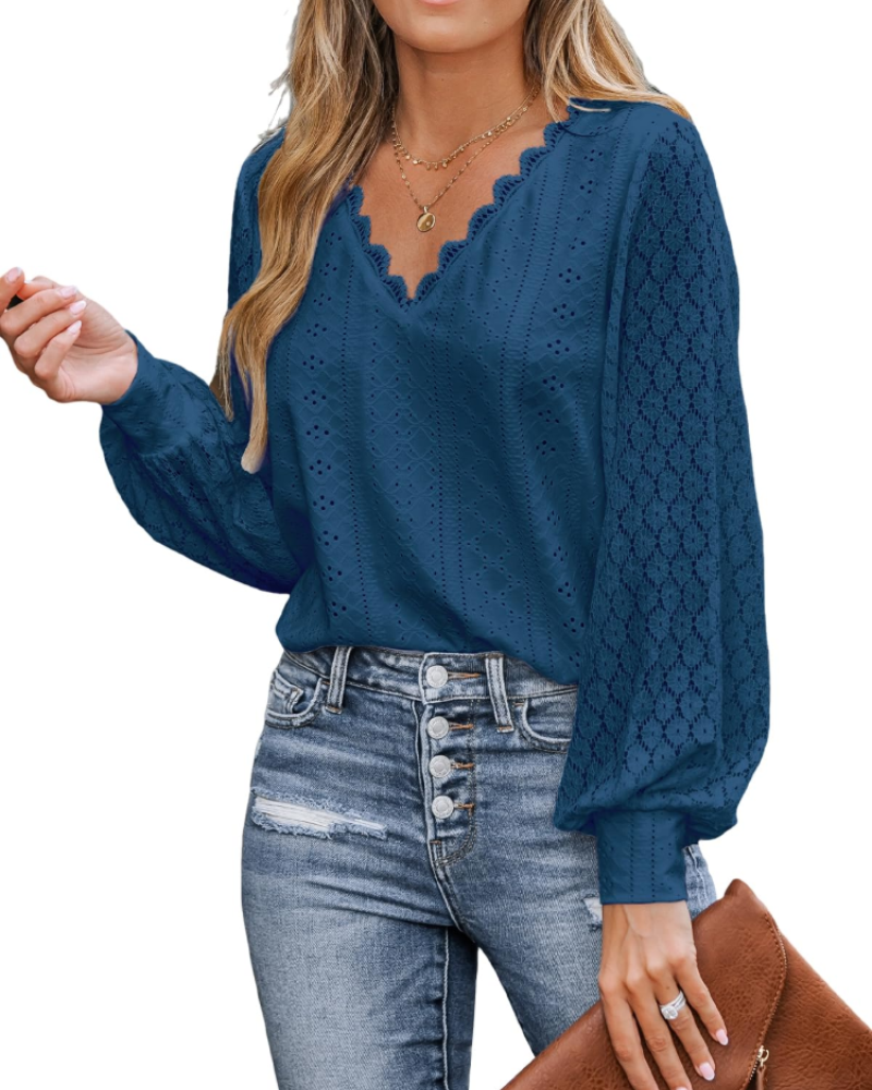 Victoria Blusa Donna – Top in Pizzo con Scollo a V, Maniche Lunghe & Dettagli Cut-Out