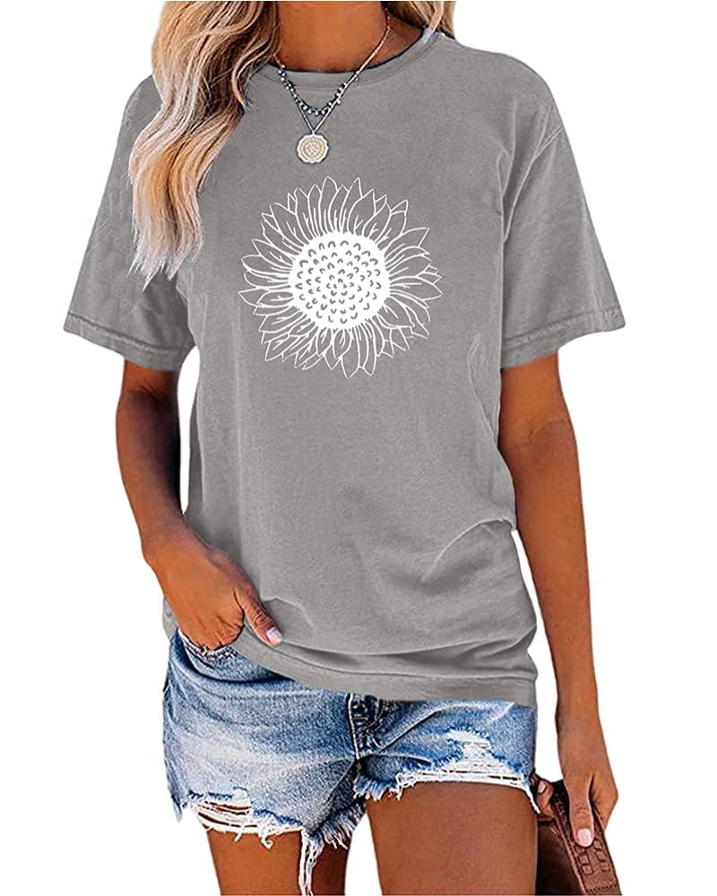 Maya T-Shirt Donna – Top Vintage con Stampa Girasole, Girocollo & Maniche Arrotolate