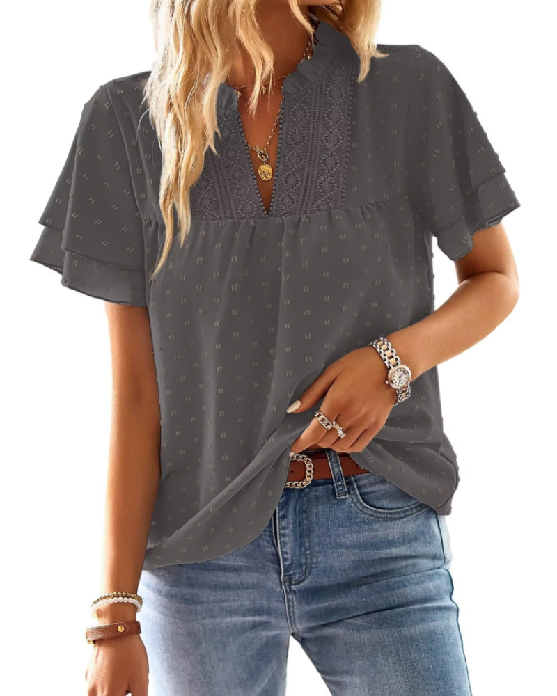 Blusa Lena para mujer – Top elegante con escote en V, encaje de ganchillo, mangas con volantes y detalles Swiss Dot