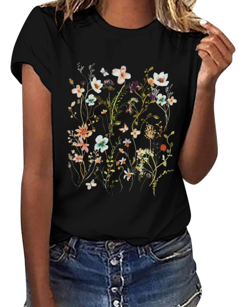 Camiseta Daisy para mujer – Top de algodón con cuello redondo, mangas cortas y estampado casual