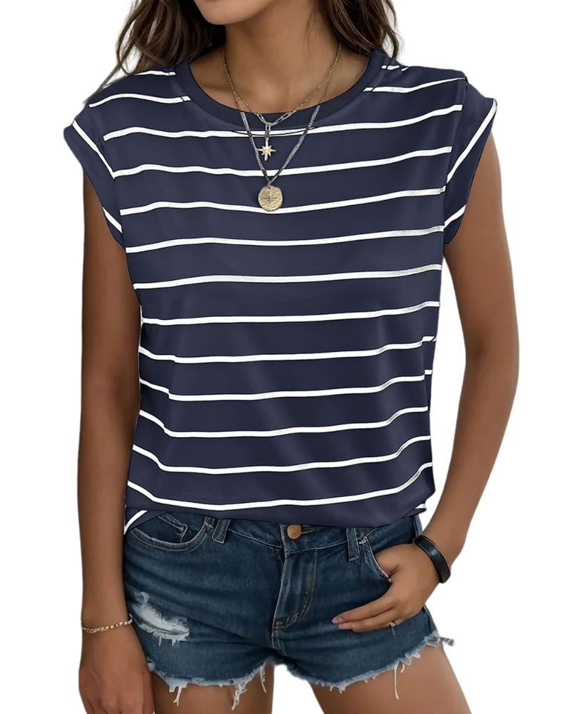 Camiseta Hannah para mujer – Top de rayas con cuello redondo, mangas con volante y ajuste holgado