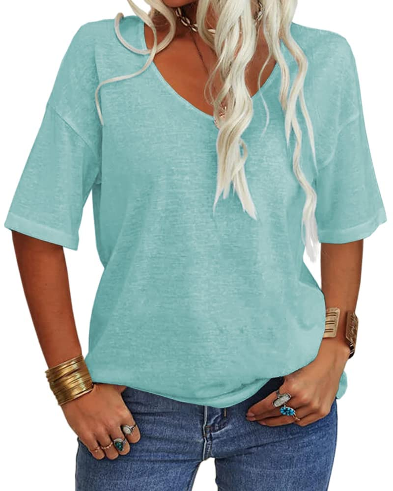 T-shirt Amelia pour femme – Haut avec col en V, manches mi-longues et coupe décontractée
