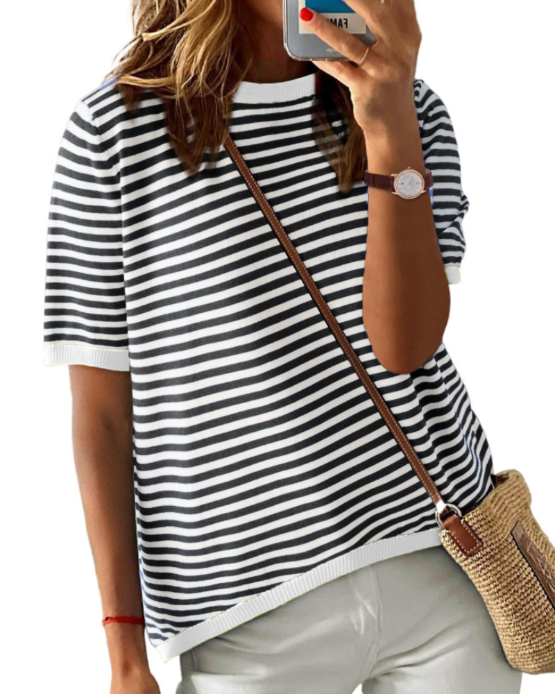 T-shirt Natalie pour femme – haut d'été à rayures avec col rond, manches courtes et coupe décontractée
