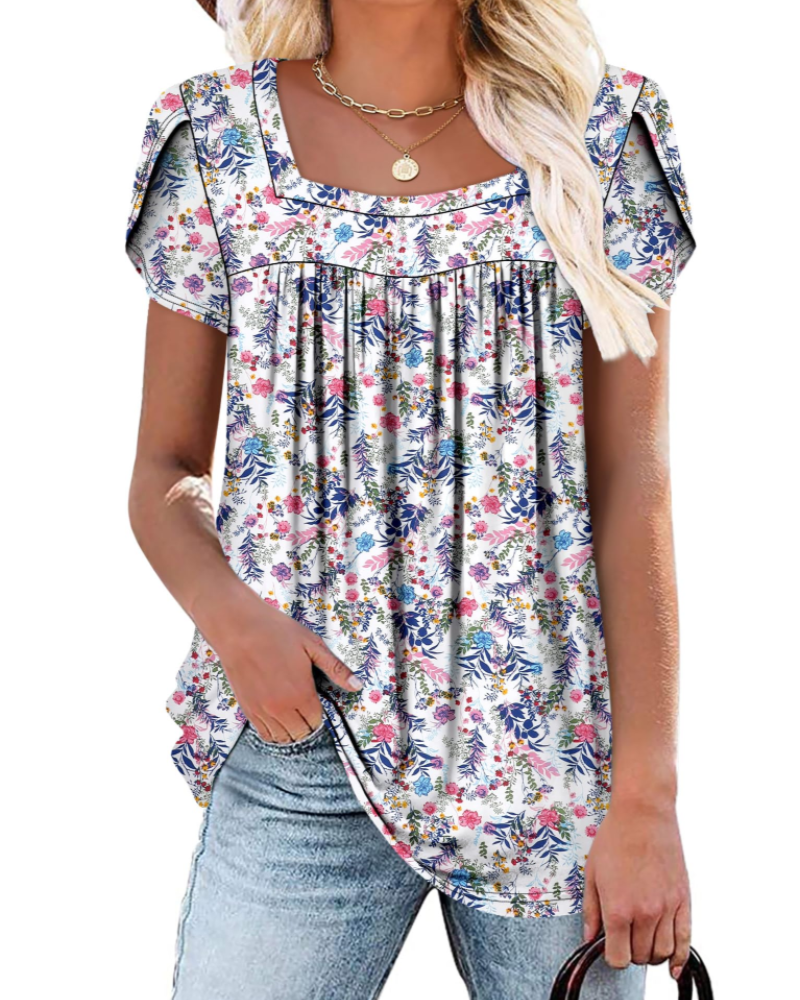 Emma Blusa para Mujer – Top Suave con Escote Cuadrado, Estampado Vivo y Mangas Cortas