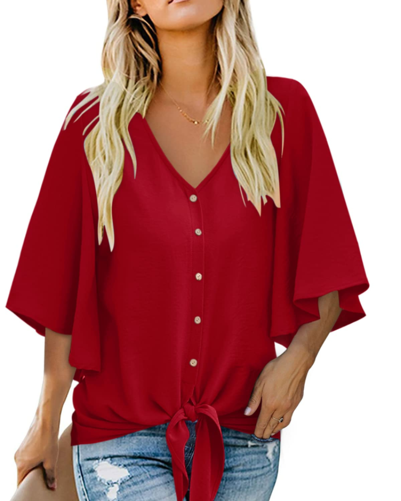 Grace Blusa para Mujer – Top de Chifón con Escote en V, Mangas de Campana y Nudo Frontal