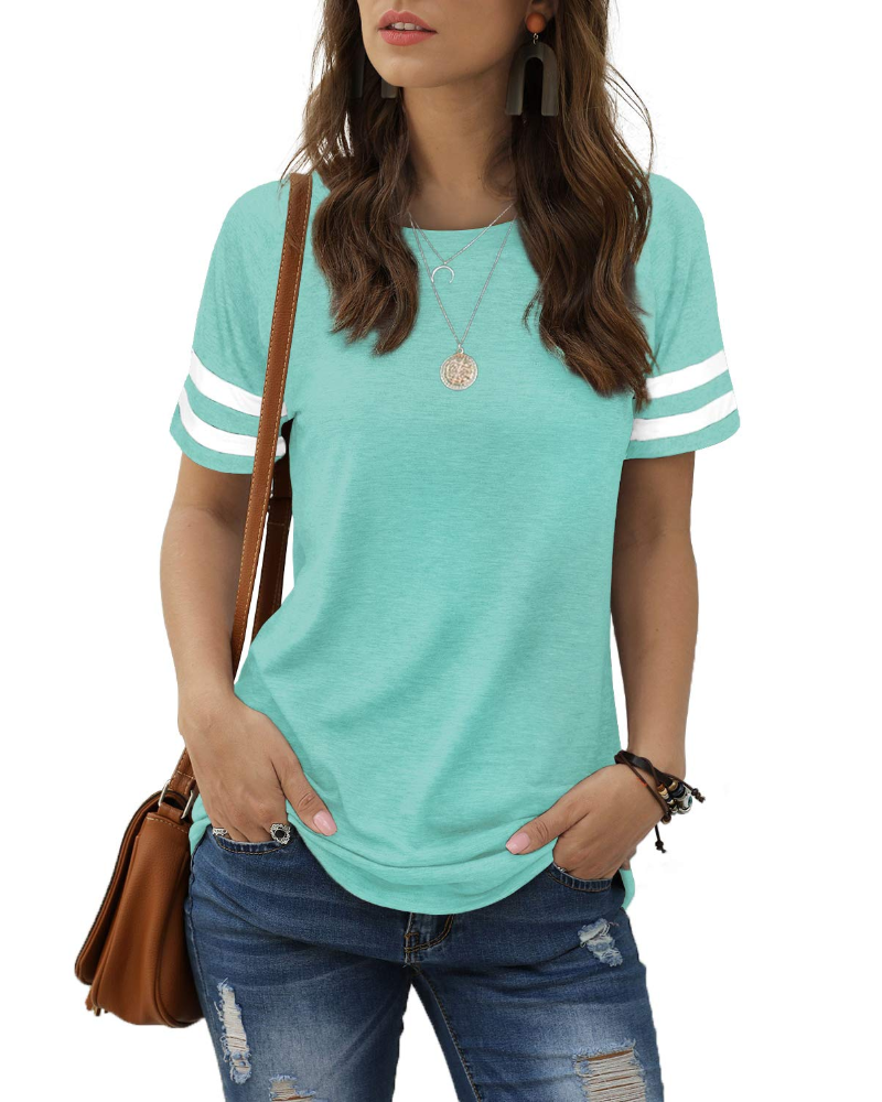Camiseta Chloe para mujer – Top de verano con mangas a rayas, cuello redondo y aberturas laterales