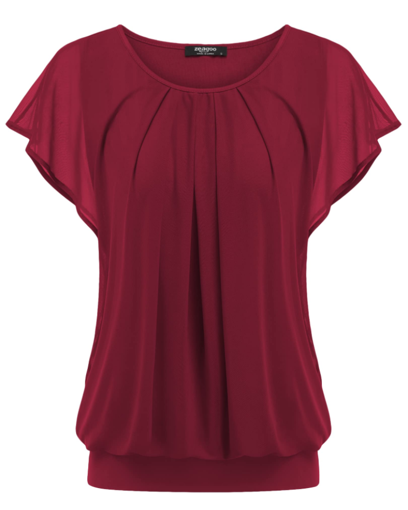 Emily Blusa Mujer – Top de Malla Floral de Doble Capa con Mangas Volantes y Cuello Redondo
