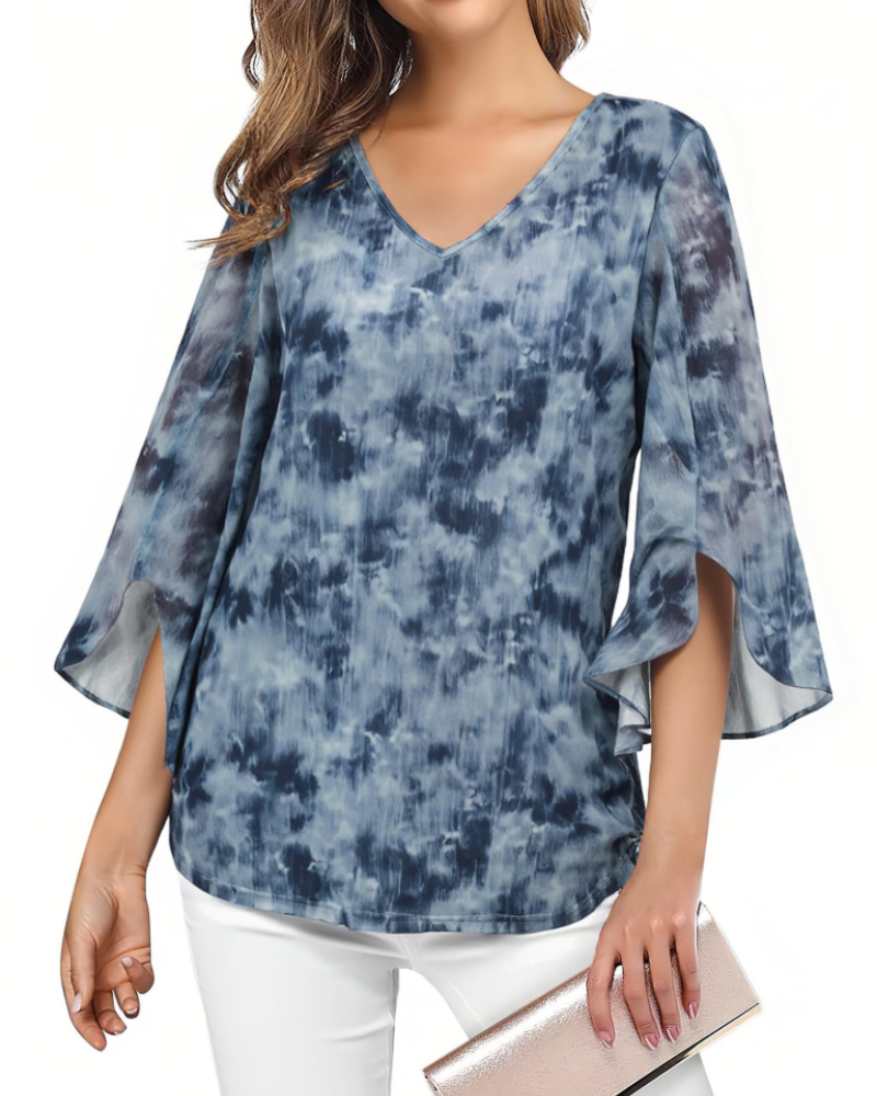 Naomi Blusa Donna – Top Floreale con Scollo a V, Maniche 3/4 a Volant & Doppio Strato