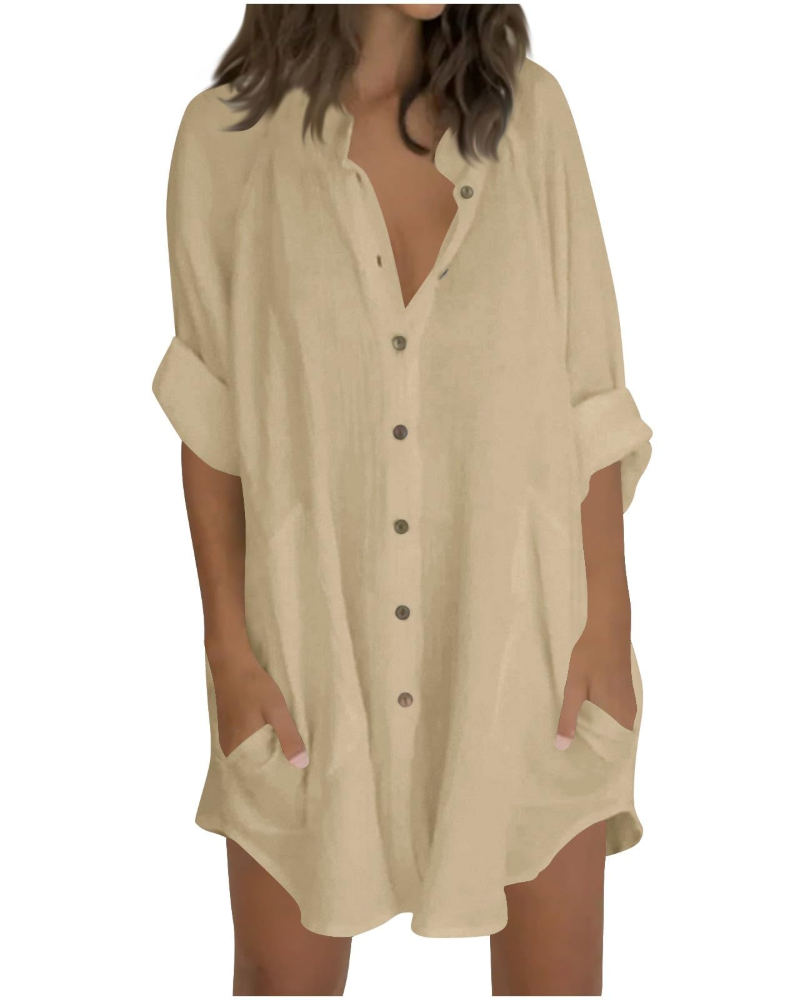 Emma Blusa Mujer – Camisa Oversize de Algodón y Lino con Mangas 3/4 y Botones