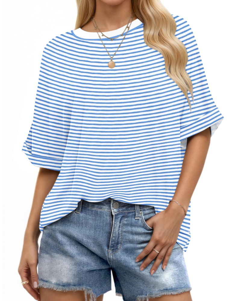T-shirt Aubrey pour femme – Top oversize avec col rond, manches retroussées et coupe ample