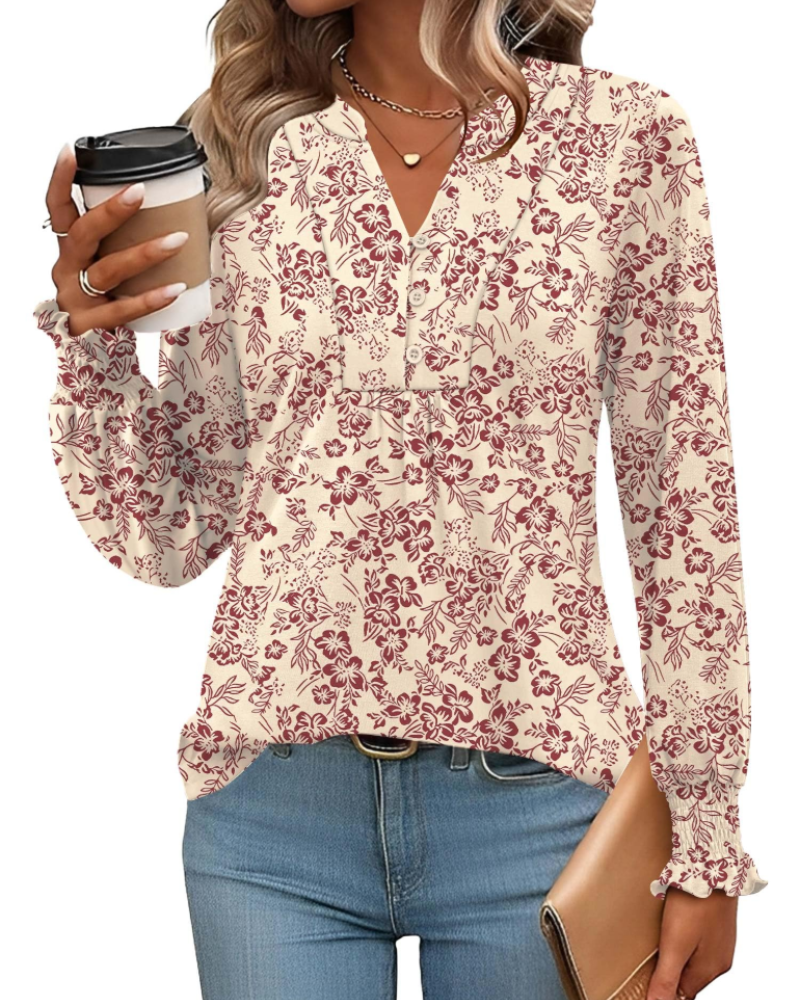 Freya Blusa Donna – Top floral con escote en V, mangas largas y dobladillo plisado