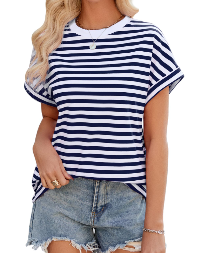 Camiseta Lily para mujer – Top oversize de algodón a rayas con cuello redondo y mangas cortas