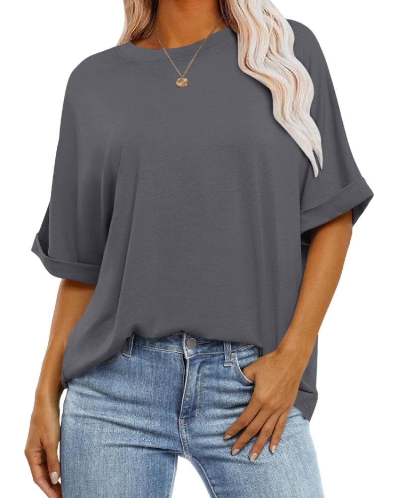 T-shirt Nora pour femme – Top oversize avec col rond, manches courtes et coupe ample
