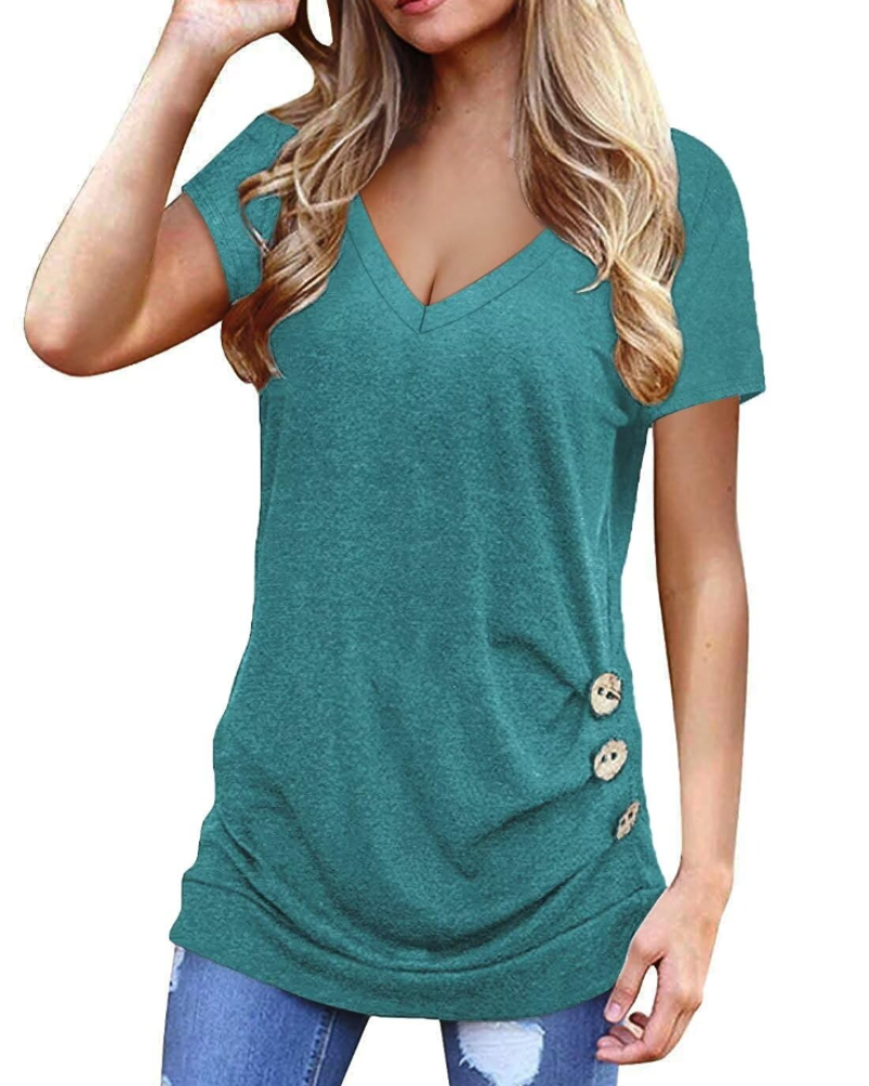 Isabelle Tunica Donna – Top con escote en V, botones y ajuste suave