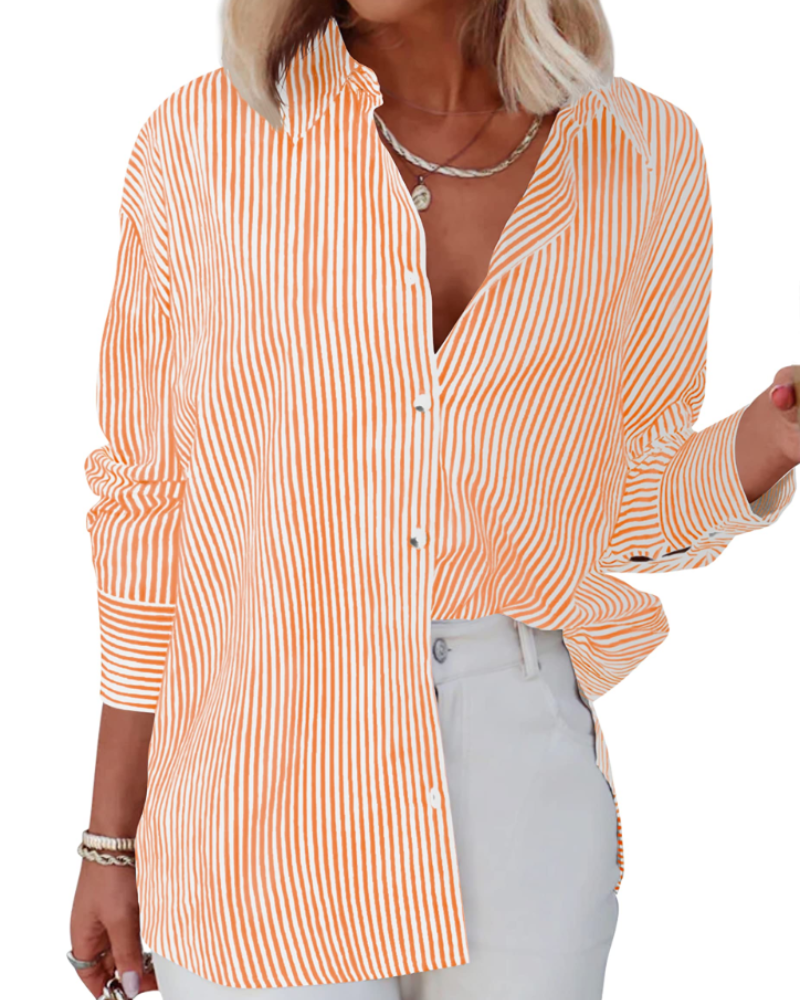 Chloe Camisa Mujer – Blusa a Rayas con Escote en V, Botones y Mangas Largas