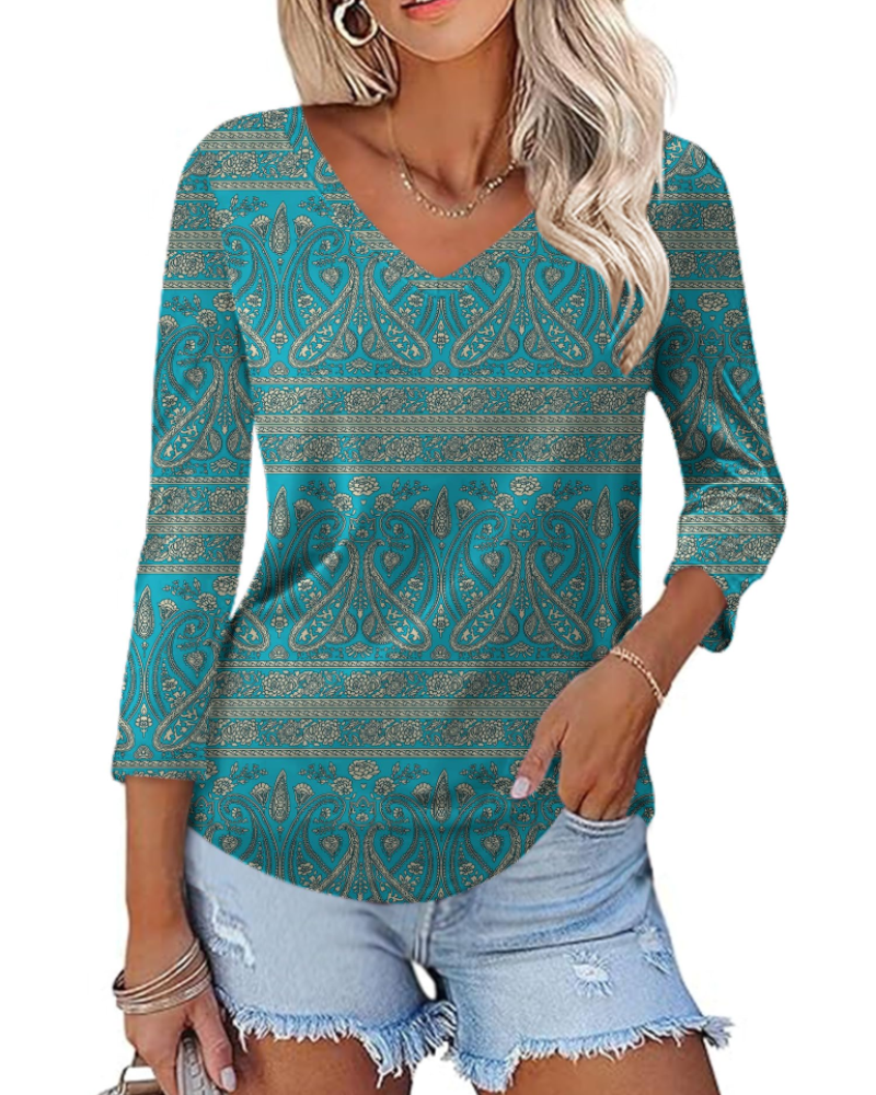 Camila Top Donna – Blusa con escote en V, mangas 3/4 y estampado floral