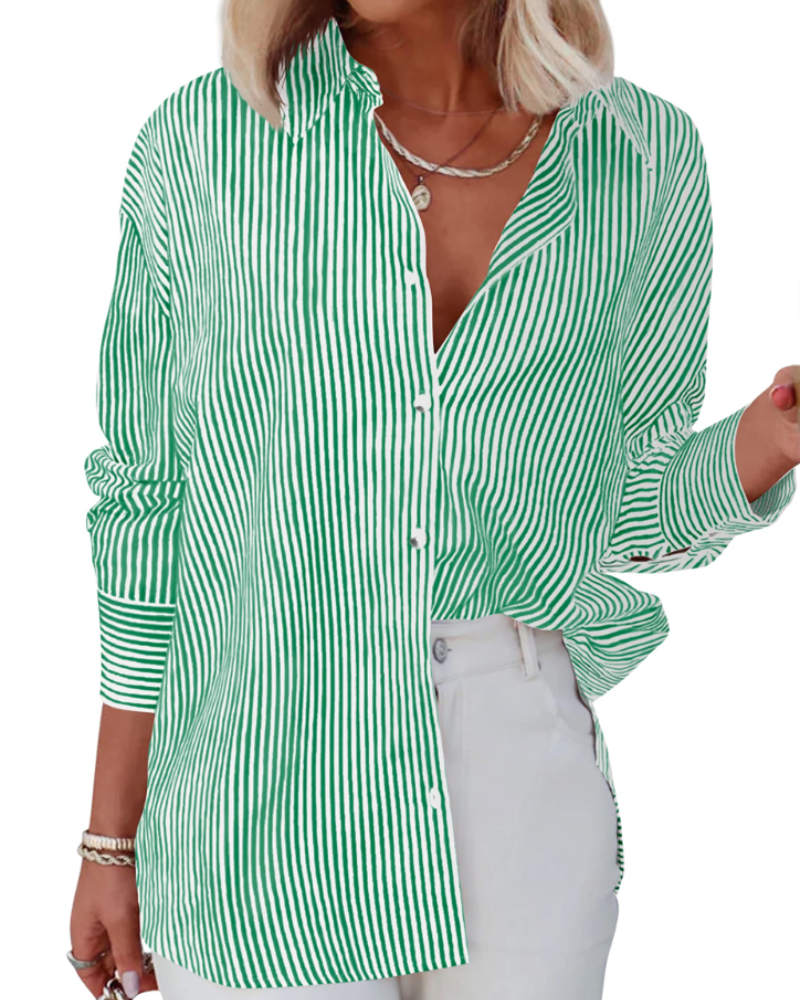 Chloe Camisa Mujer – Blusa a Rayas con Escote en V, Botones y Mangas Largas