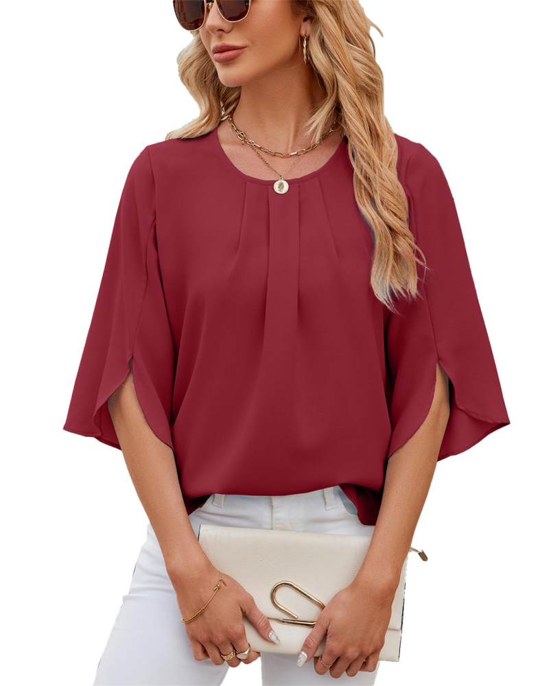 Camisa Camilla para mujer – Top de gasa con cuello redondo, mangas 3/4 y ajuste elegante