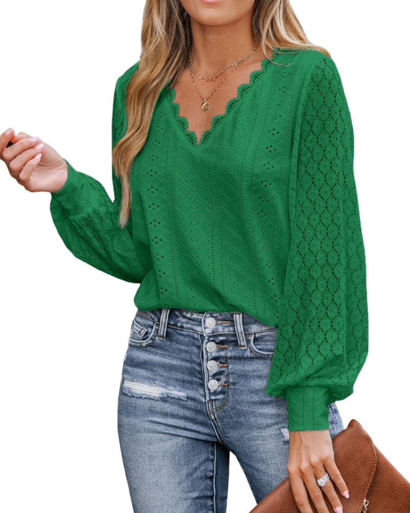 Victoria Blusa Donna – Top in Pizzo con Scollo a V, Maniche Lunghe & Dettagli Cut-Out