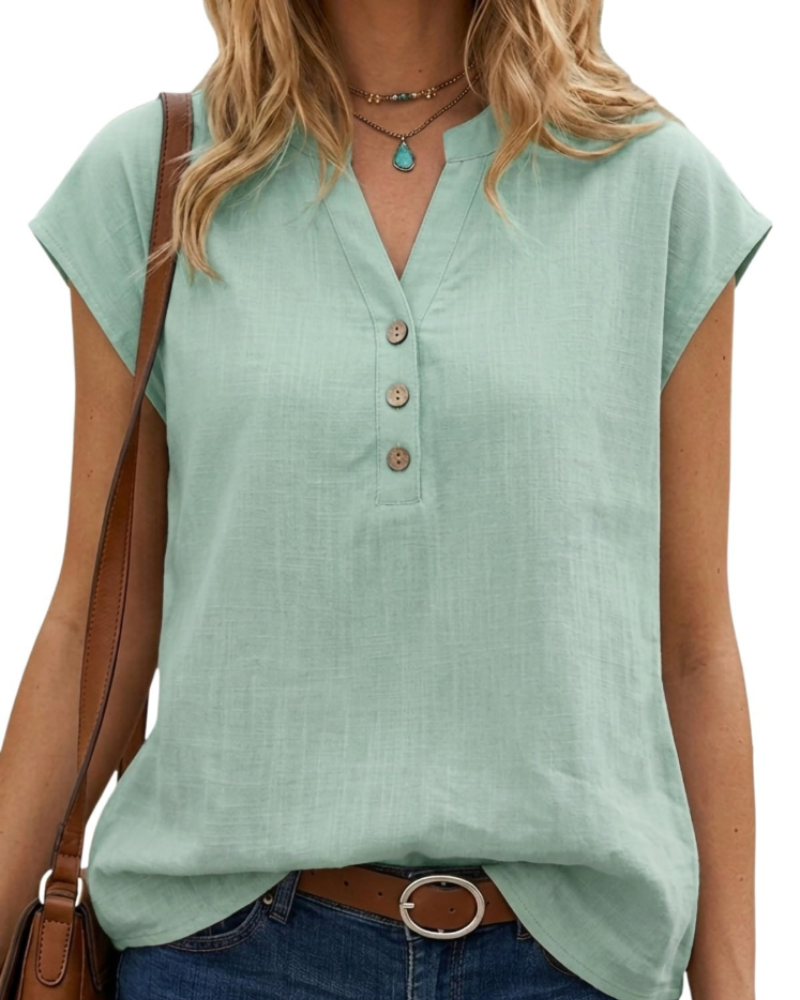 Blusa Julia para mujer – Top de algodón y lino con escote en V, mangas cortas y ajuste holgado
