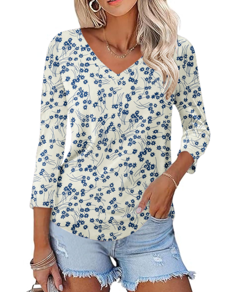 Camila Top Donna – Blusa con escote en V, mangas 3/4 y estampado floral