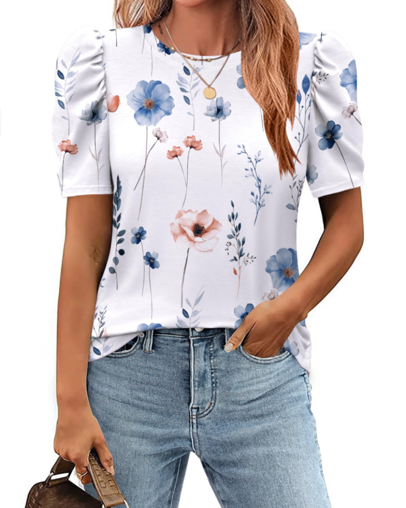 Blusa Elena para mujer – Top floral con mangas abullonadas y ajuste slim