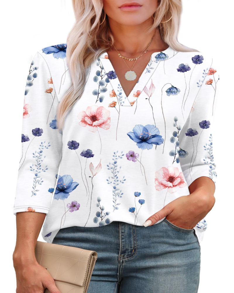 Blusa Lily para mujer – Túnica elegante con escote en V, mangas 3/4 y dobladillo curvo