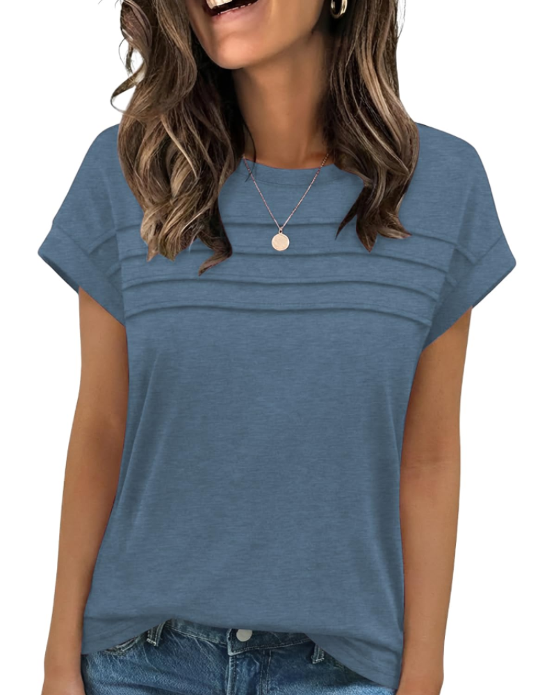 Nora T-Shirt Donna – Top con Girocollo, Pieghe Decorative & Maniche Corte
