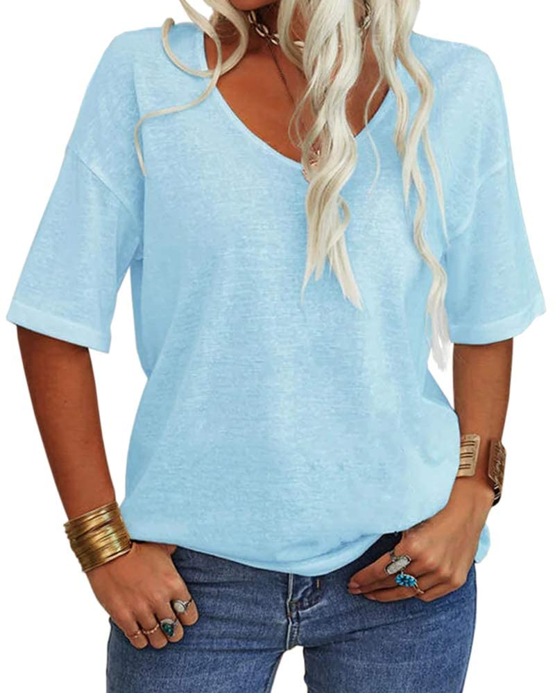 T-shirt Amelia pour femme – Haut avec col en V, manches mi-longues et coupe décontractée
