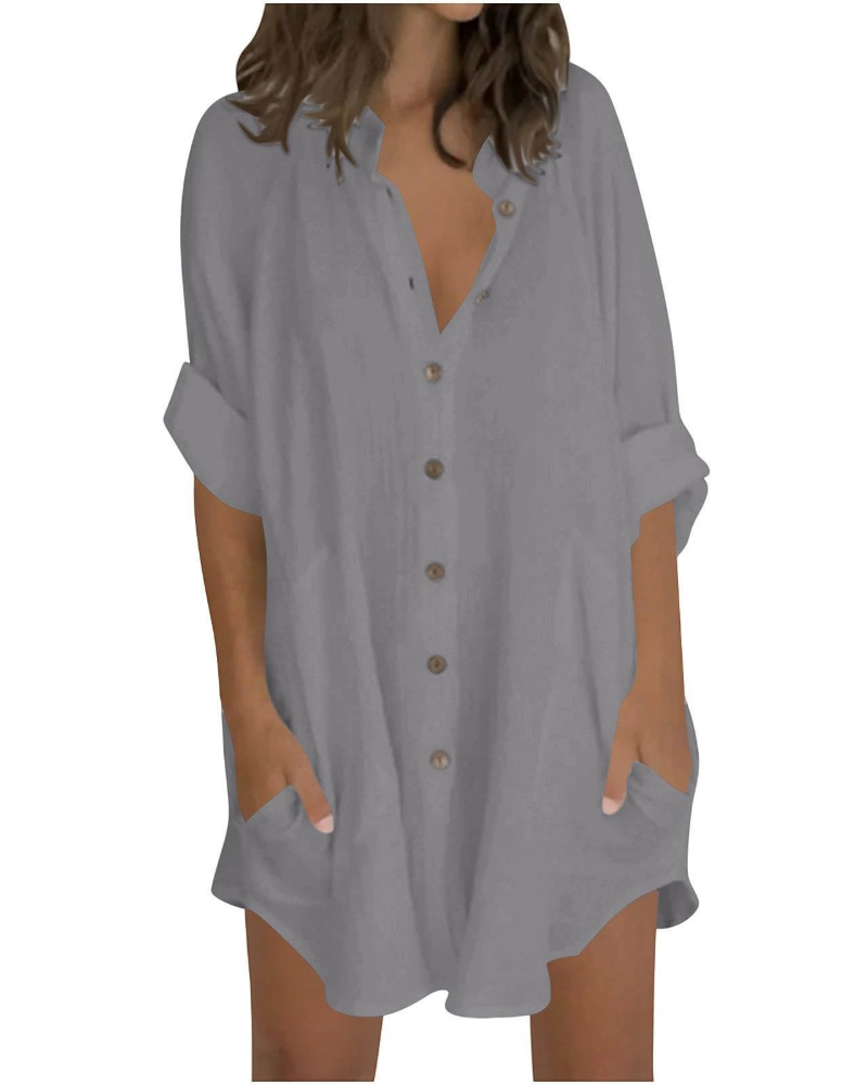 Emma Blusa Mujer – Camisa Oversize de Algodón y Lino con Mangas 3/4 y Botones