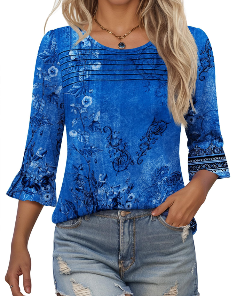 Clara Blusa Donna – Top túnica con mangas 3/4 con volantes, cuello redondo y pliegues frontales