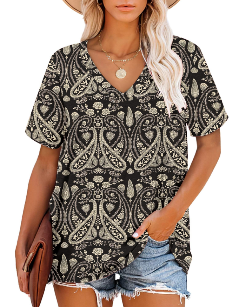 Camiseta Grace para mujer – Top con escote en V, mangas a rayas y ajuste holgado