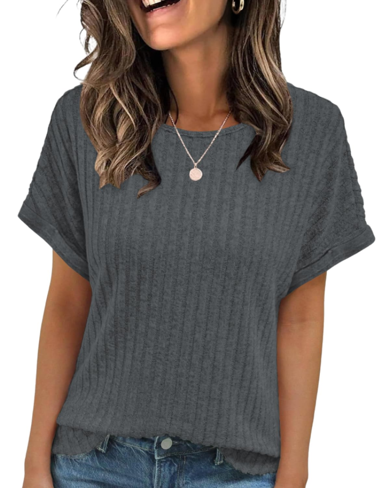 Camiseta Clara para mujer – Top acanalado con cuello redondo, mangas cortas y ajuste versátil