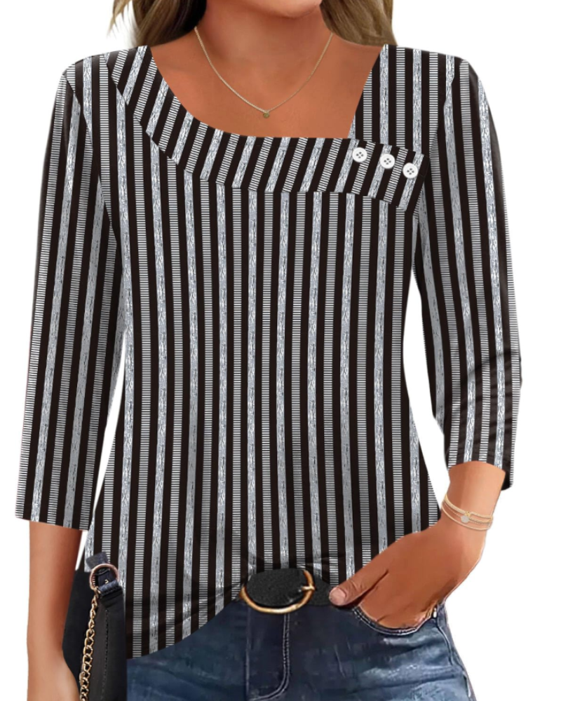 Elisa Blusa Mujer – Top Asimétrico con Mangas 3/4, Botones y Tejido Elástico