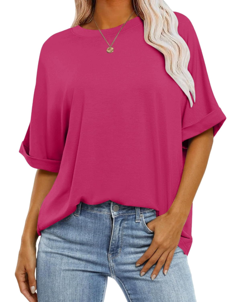 T-shirt Nora pour femme – Top oversize avec col rond, manches courtes et coupe ample