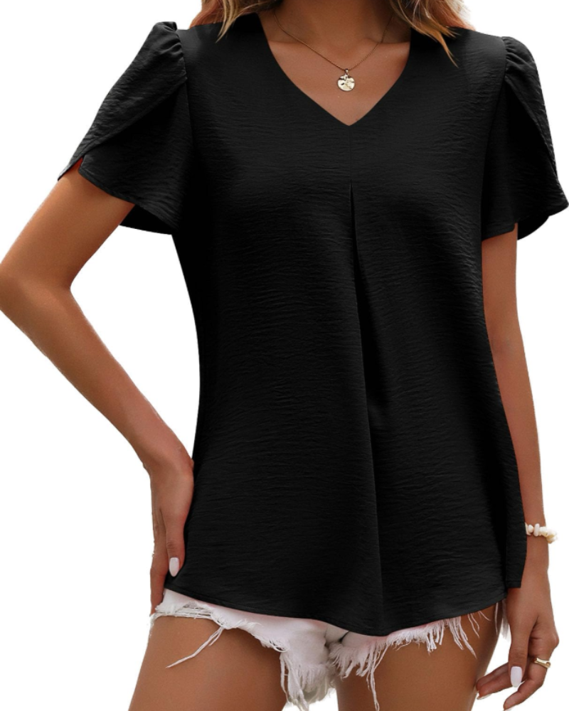 Elena Blusa para mujer – Top de chiffon con escote en V, pliegues y mangas cortas